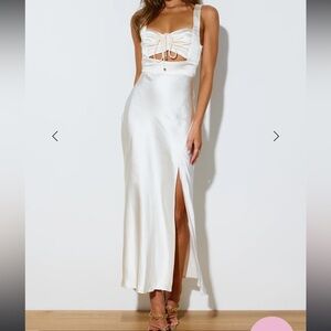 White Satin ruched bandeau backless slit dress